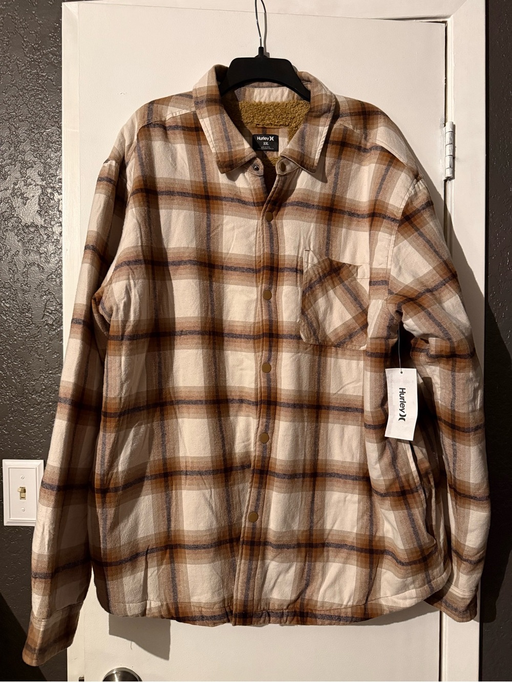 Hurley Men’s Cream, Tan & Brown Plaid Sherpa-Lined Shirt Jacket